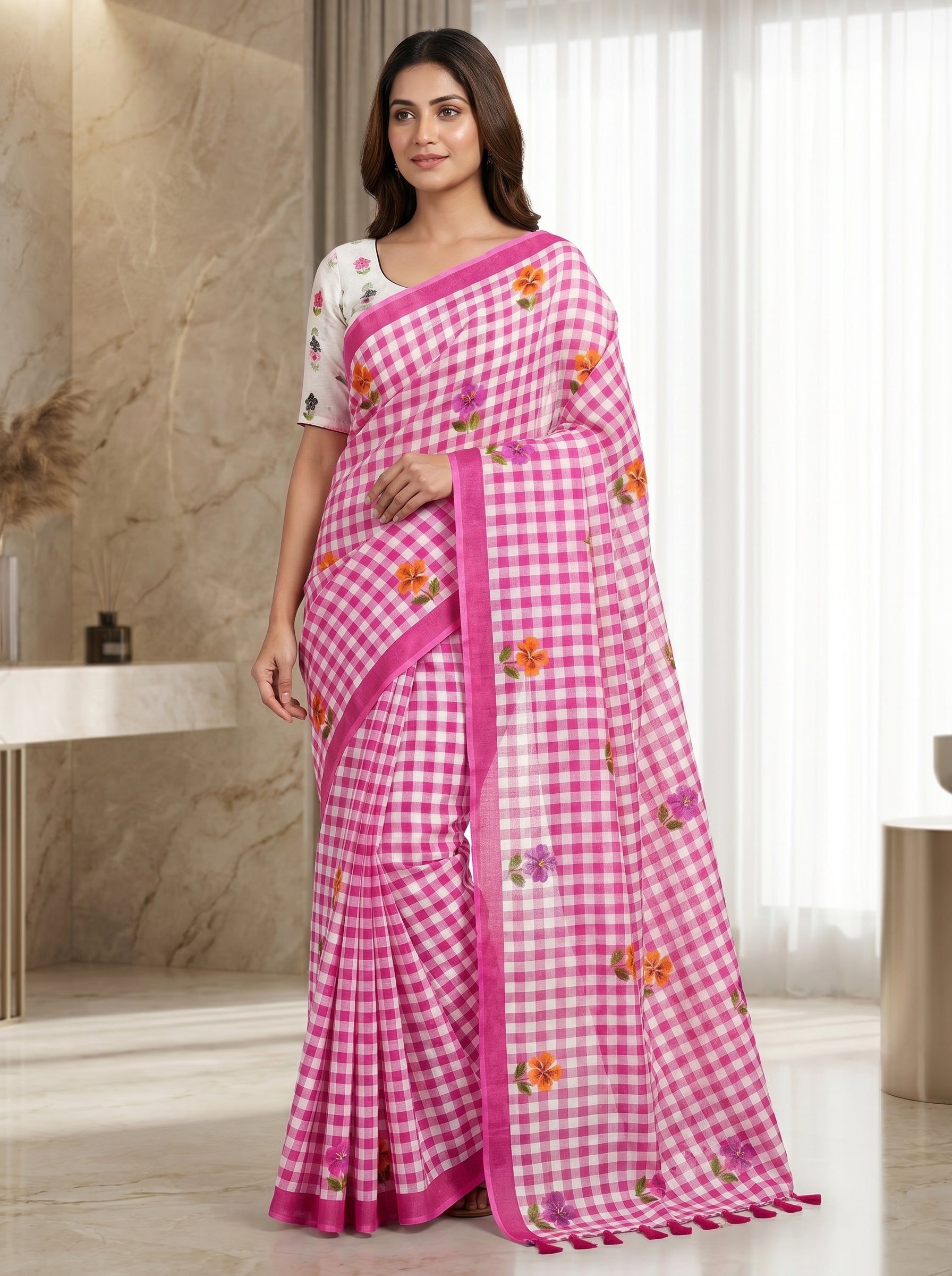 Peachmode Pink Linen Cotton Checks Digital Print Saree - Image 1