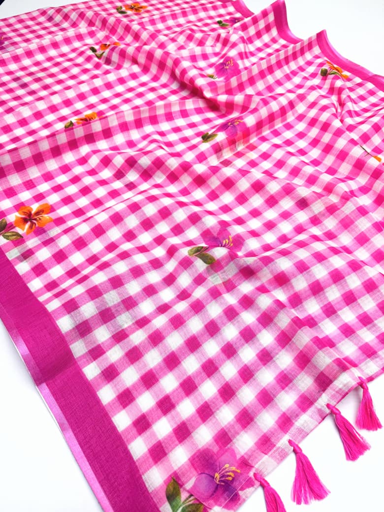 Peachmode Pink Linen Cotton Checks Digital Print Saree - Image 6