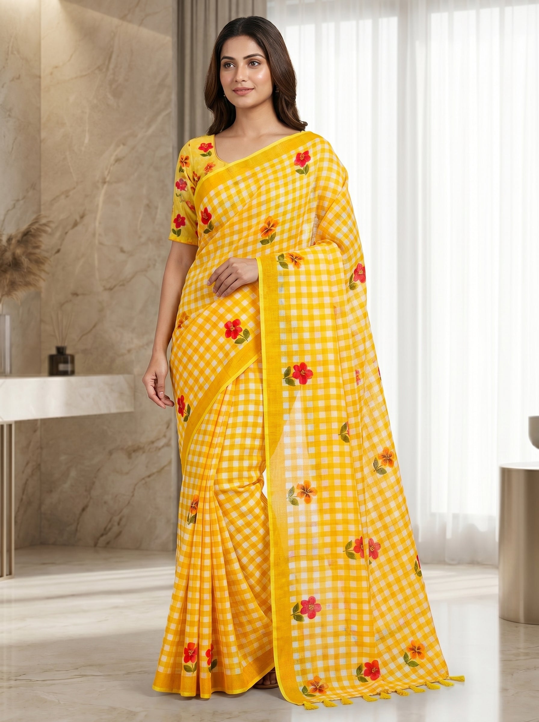 Peachmode Yellow Linen Cotton Checks Digital Print Saree - Image 1