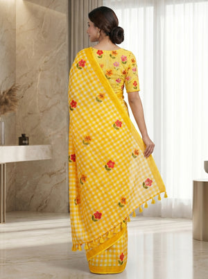 Peachmode Yellow Linen Cotton Checks Digital Print Saree - Image 2