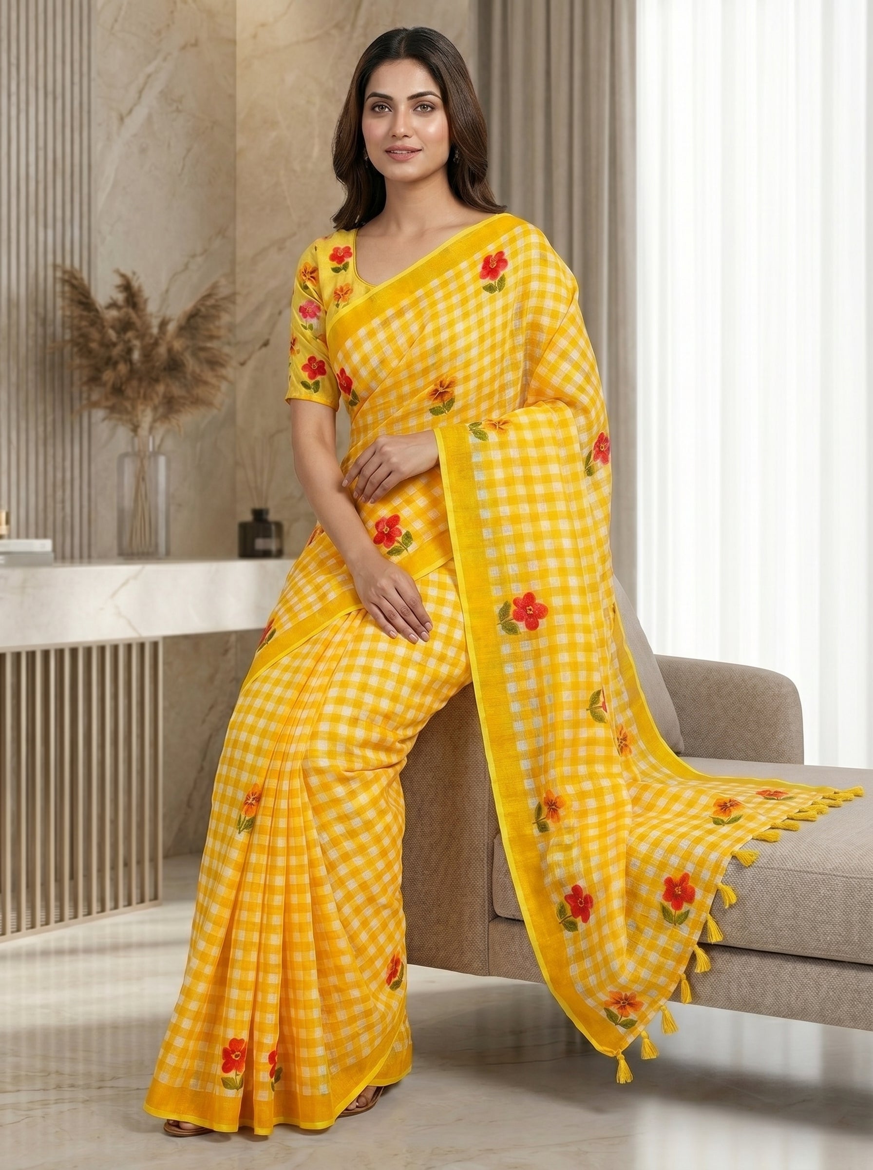 Peachmode Yellow Linen Cotton Checks Digital Print Saree - Image 3