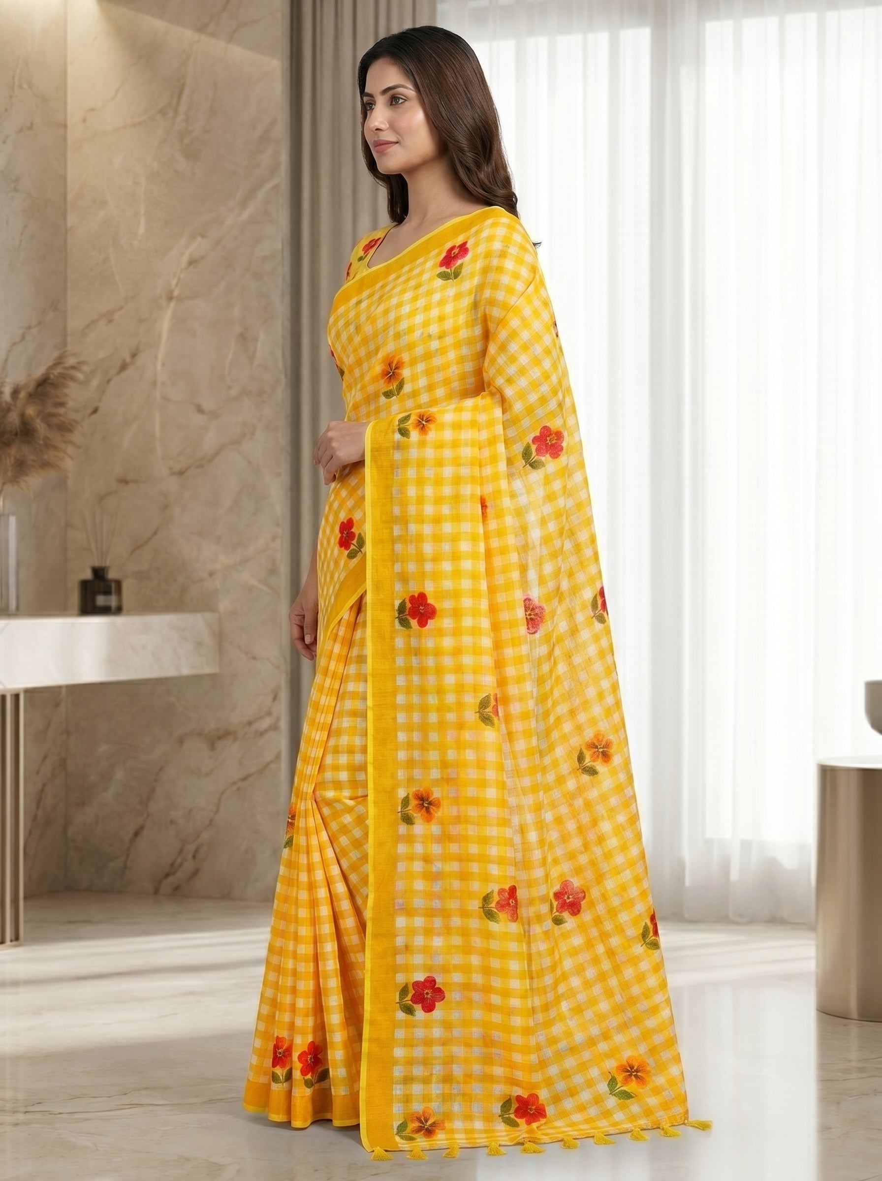 Peachmode Yellow Linen Cotton Checks Digital Print Saree - Image 4