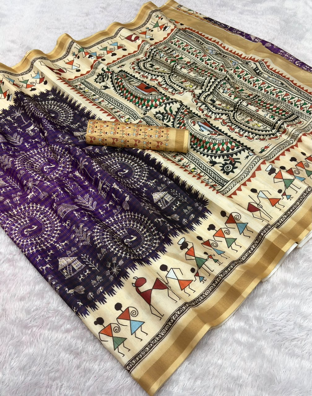 Peachmode Purple Cotton Blend Warli Digital Print Saree - Image 2