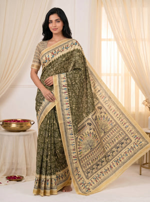 Peachmode Mehendi Cotton Blend Warli Digital Print Saree - Image 1
