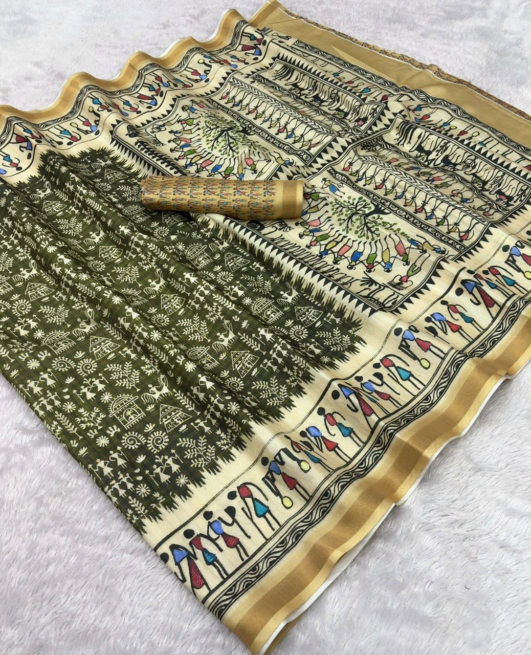 Peachmode Mehendi Cotton Blend Warli Digital Print Saree - Image 2
