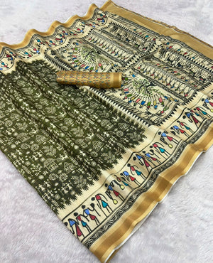Peachmode Mehendi Cotton Blend Warli Digital Print Saree - Image 2