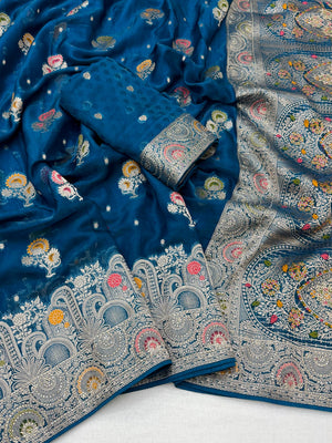 Peachmode Blue Organza Saree with Mina Weaving Work - Image 3