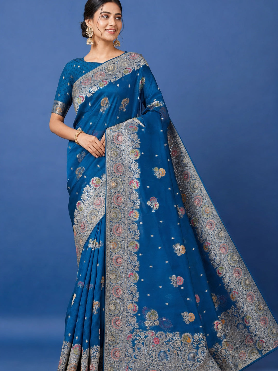 Peachmode Blue Organza Saree with Mina Weaving Work - Image 1
