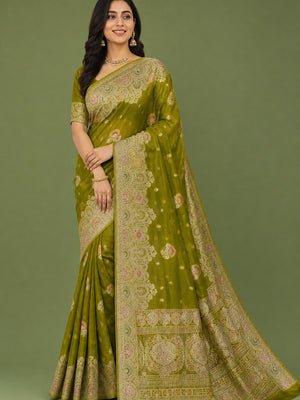 Peachmode Green Organza Saree with Mina Weaving Work - Image 1