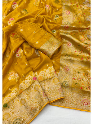 Peachmode Yellow Organza Saree with Mina Weaving Work - Image 2