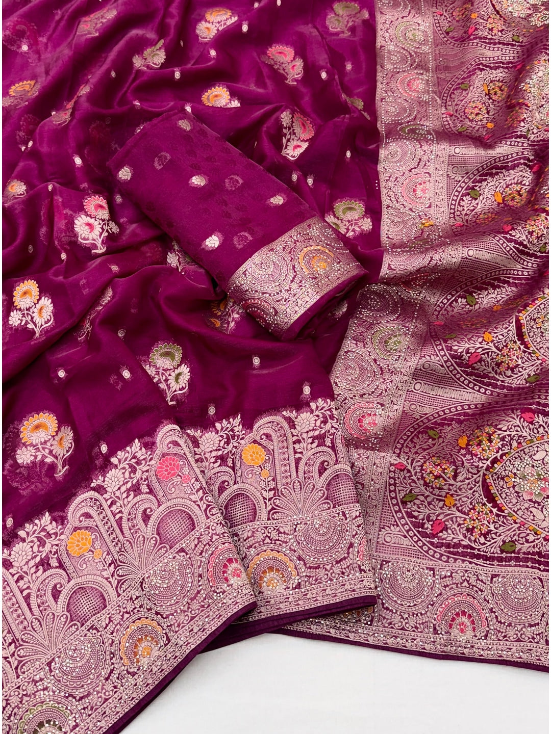 Peachmode Purple Organza Saree with Mina Weaving Work - Image 2
