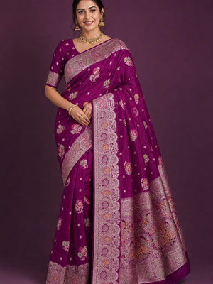 Peachmode Purple Organza Saree with Mina Weaving Work - Image 1