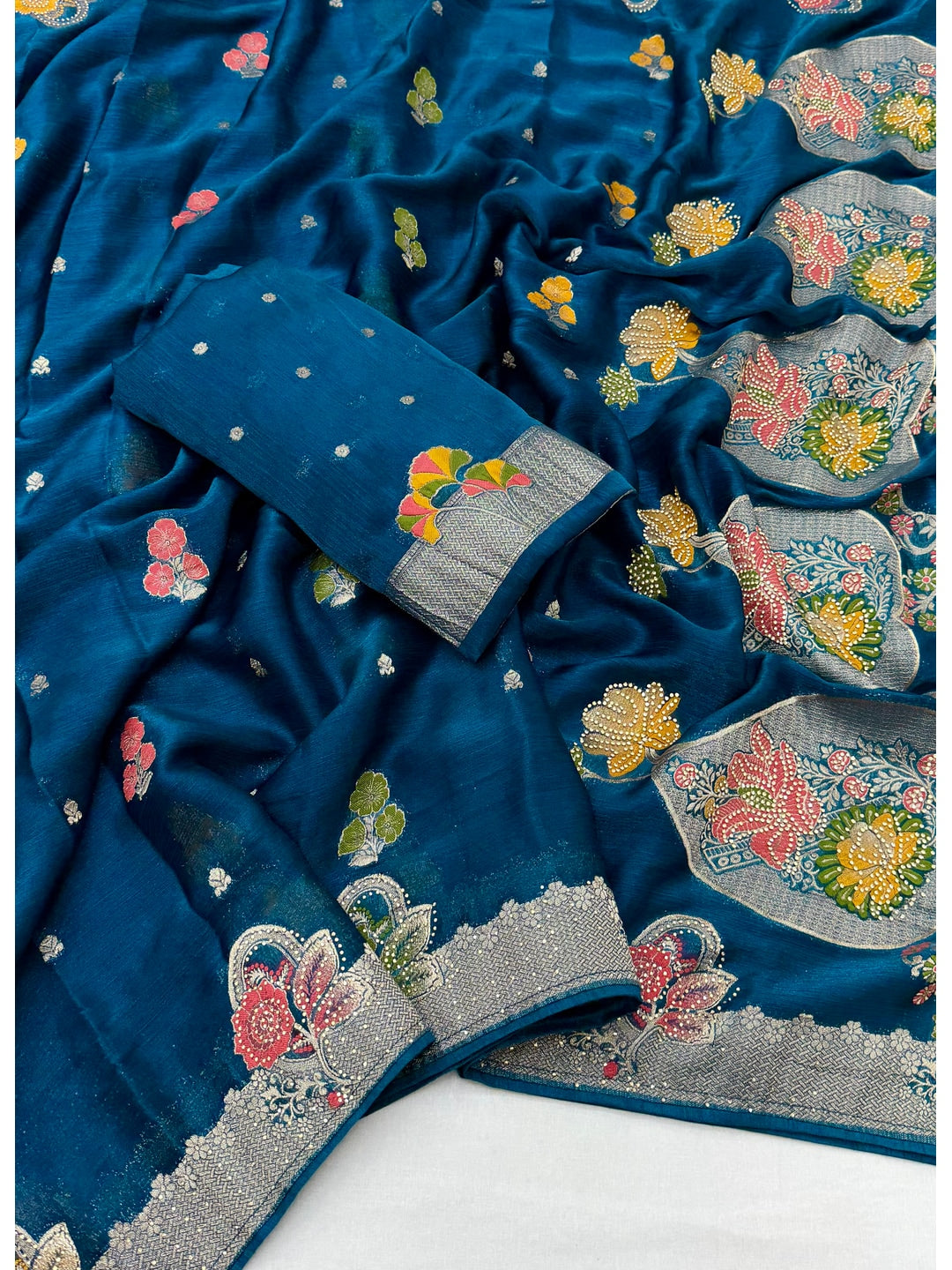 Peachmode Blue Organza Saree with Mina Weaving Work - Image 3