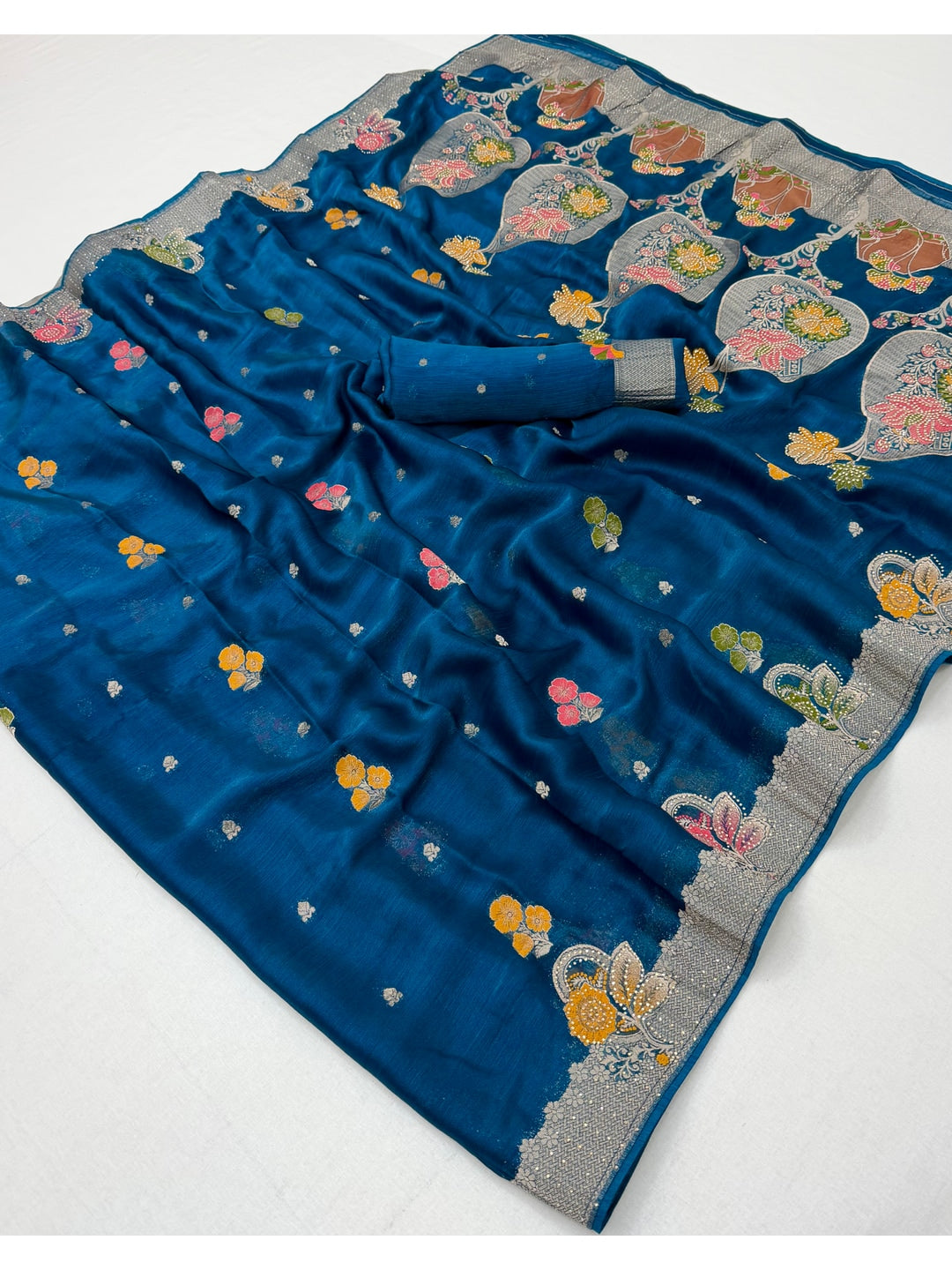 Peachmode Blue Organza Saree with Mina Weaving Work - Image 4