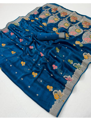 Peachmode Blue Organza Saree with Mina Weaving Work - Image 3