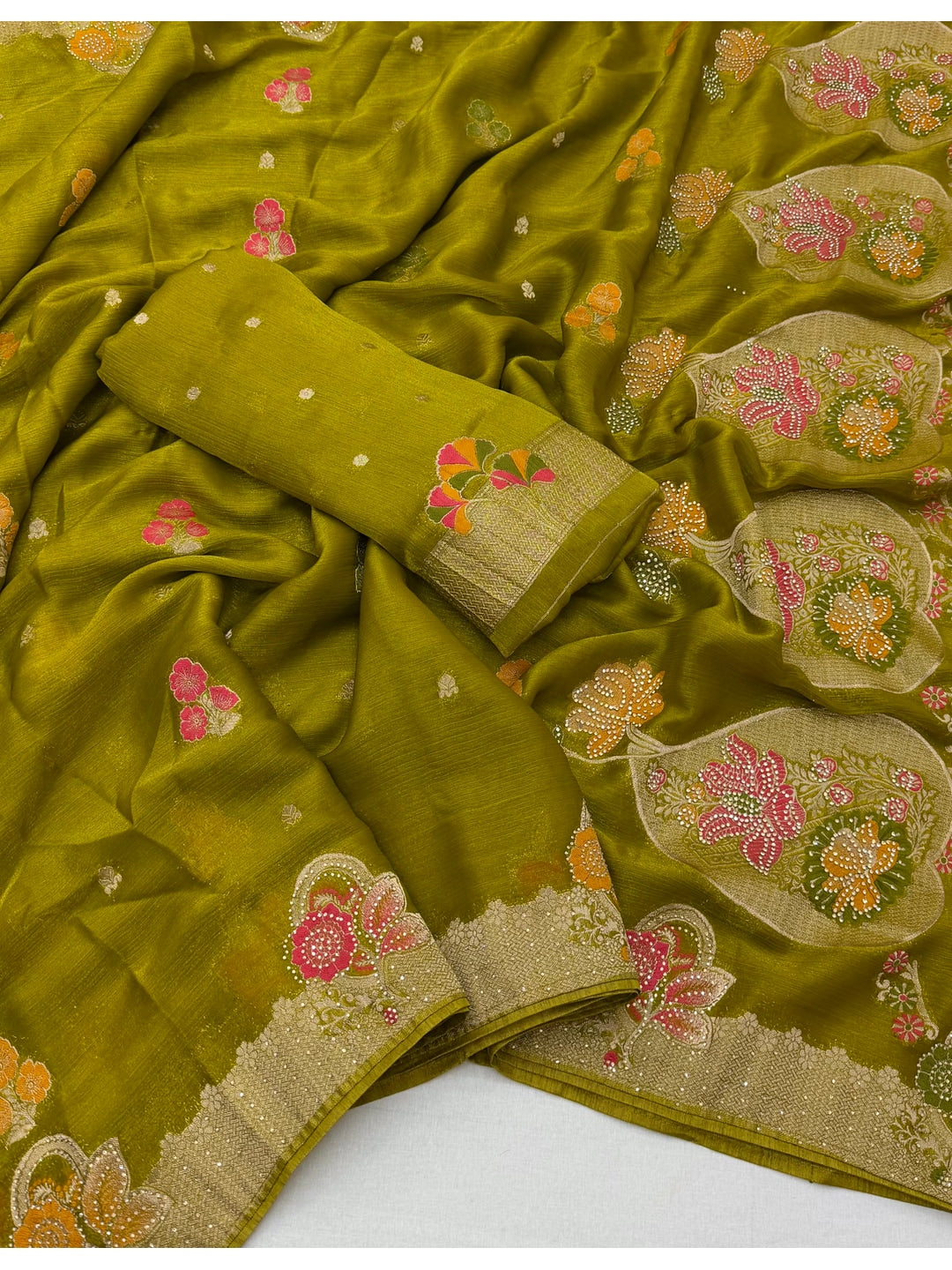 Peachmode Green Organza Saree with Mina Weaving Work - Image 2