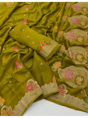 Peachmode Green Organza Saree with Mina Weaving Work - Image 2