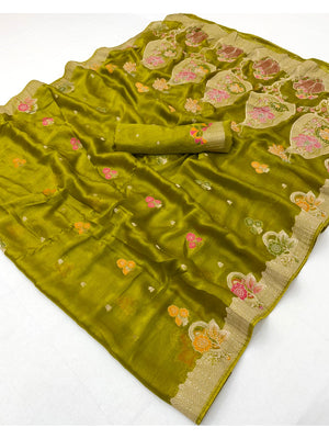 Peachmode Green Organza Saree with Mina Weaving Work - Image 3