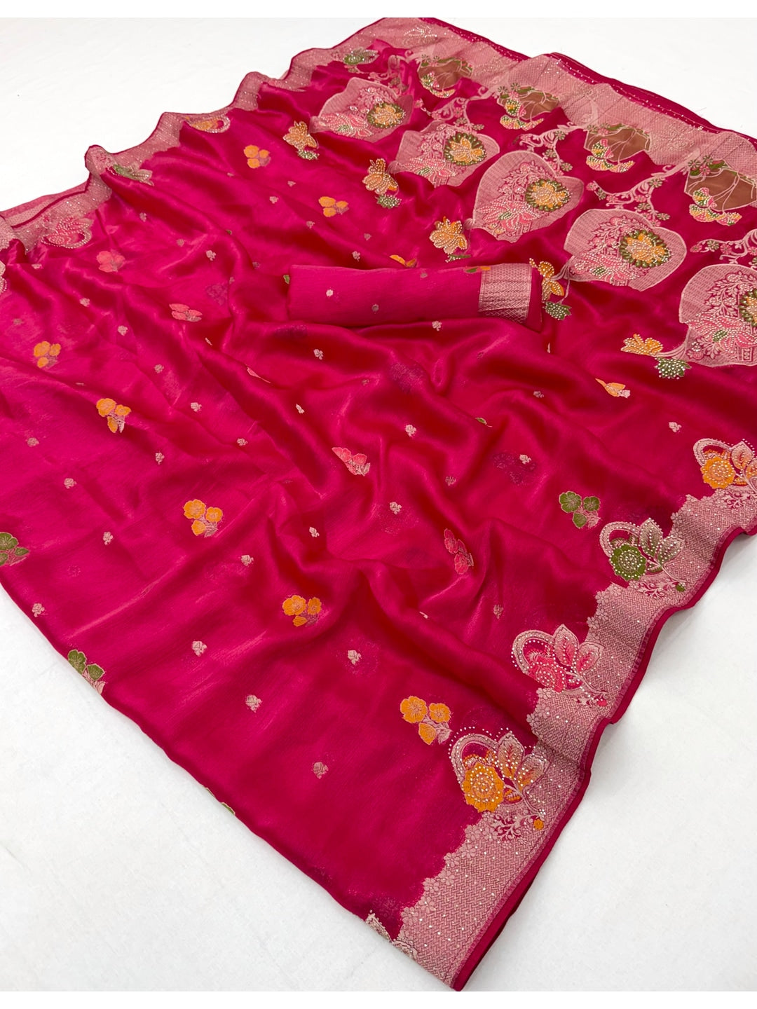 Peachmode Pink Organza Saree with Mina Weaving Work - Image 3