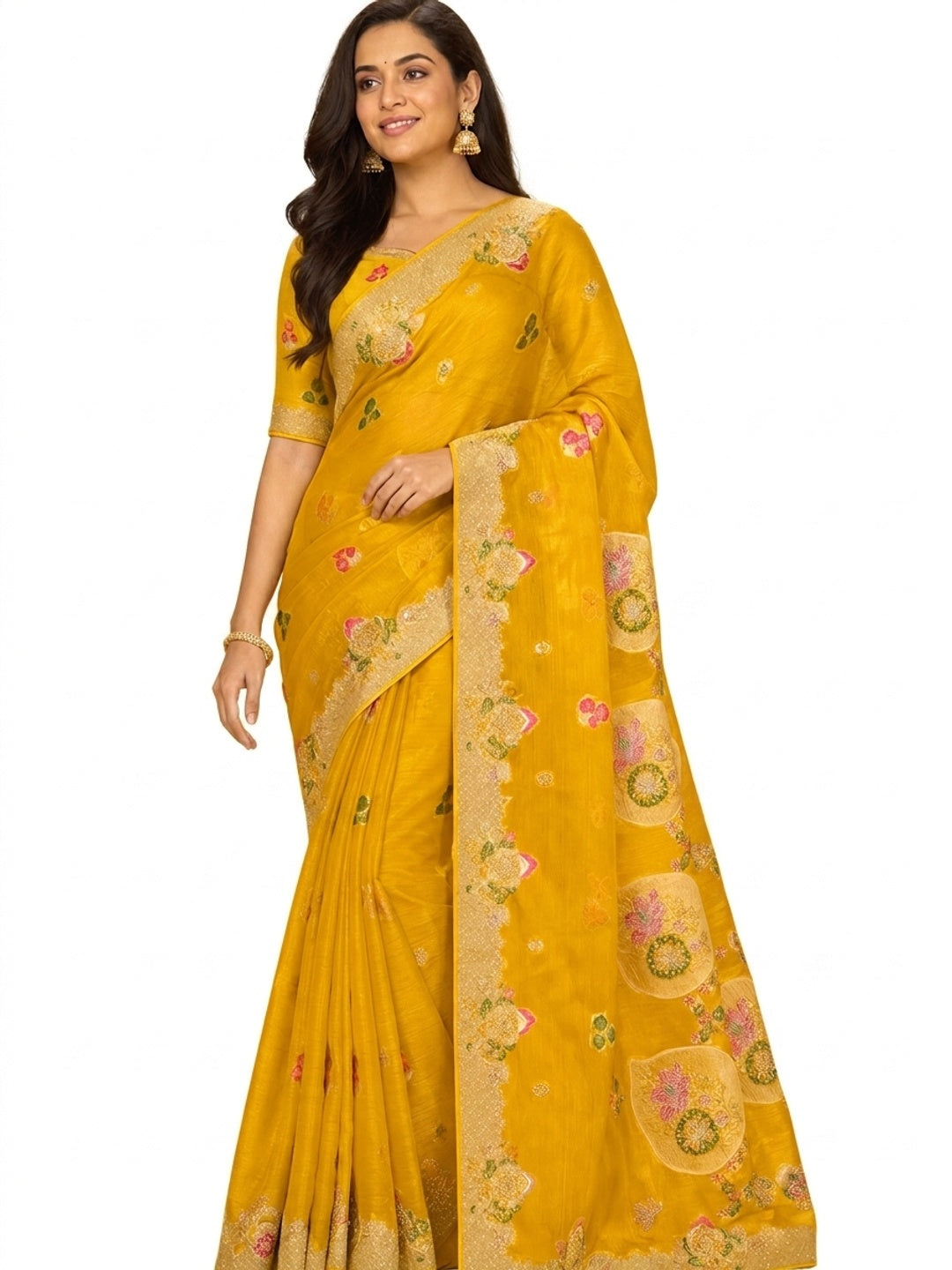 Peachmode Yellow Organza Saree with Mina Weaving Work - Image 4