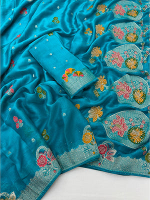 Peachmode Turquoise Organza Saree with Mina Weaving Work - Image 2
