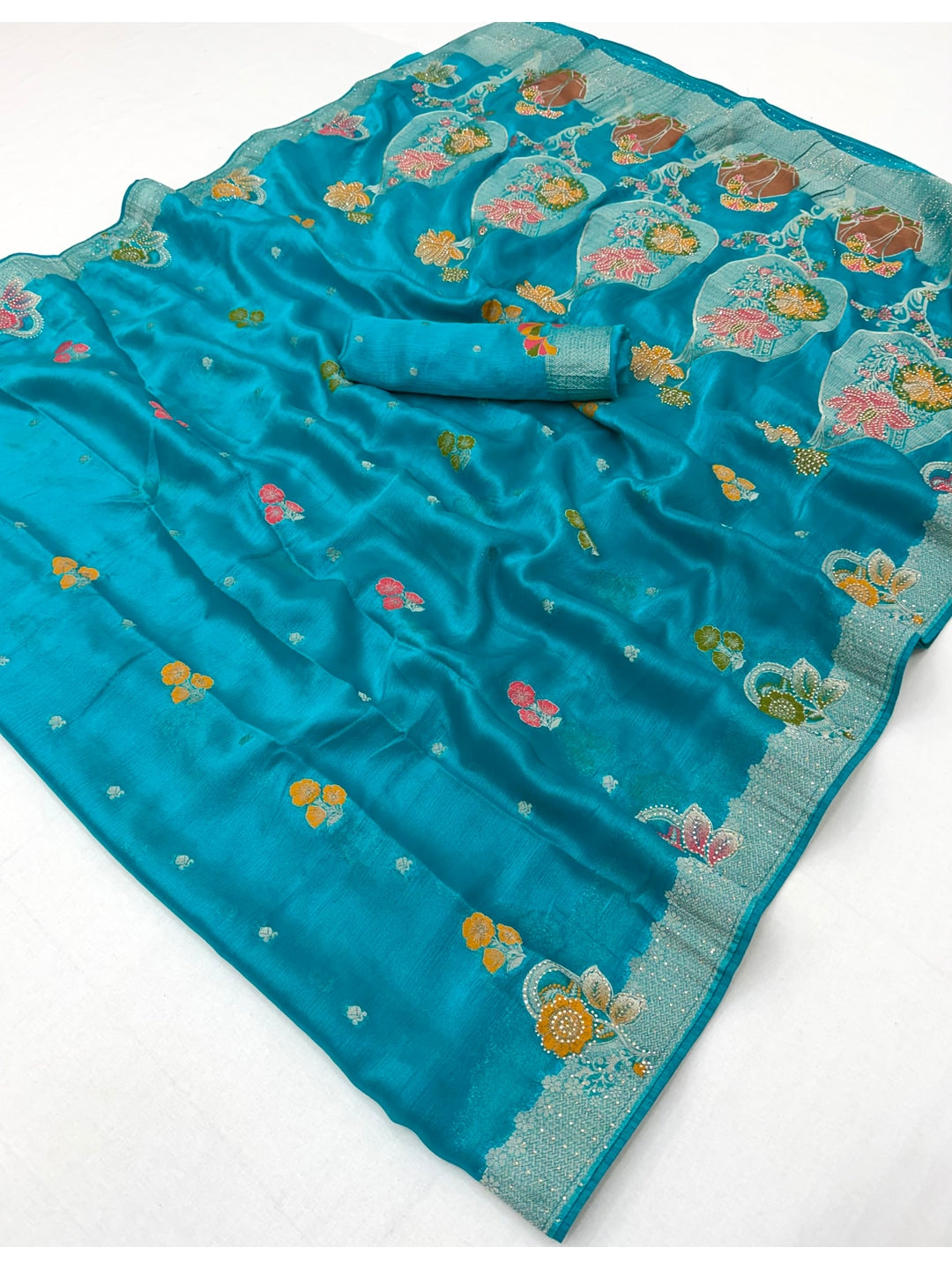 Peachmode Turquoise Organza Saree with Mina Weaving Work - Image 3