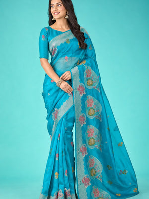 Peachmode Turquoise Organza Saree with Mina Weaving Work - Image 1