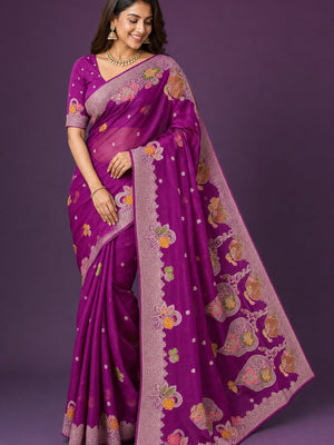 Peachmode Purple Organza Saree with Mina Weaving Work - Image 1