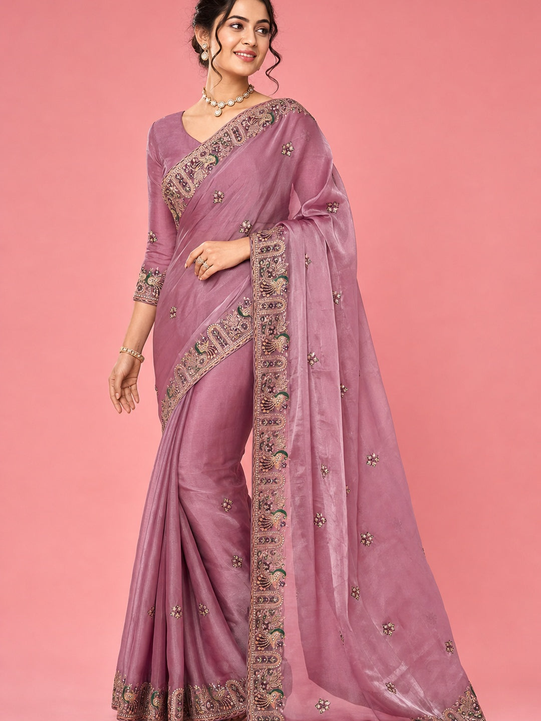 Peachmode Pink NC Moss Saree with Heavy Embroidery Work - Image 1
