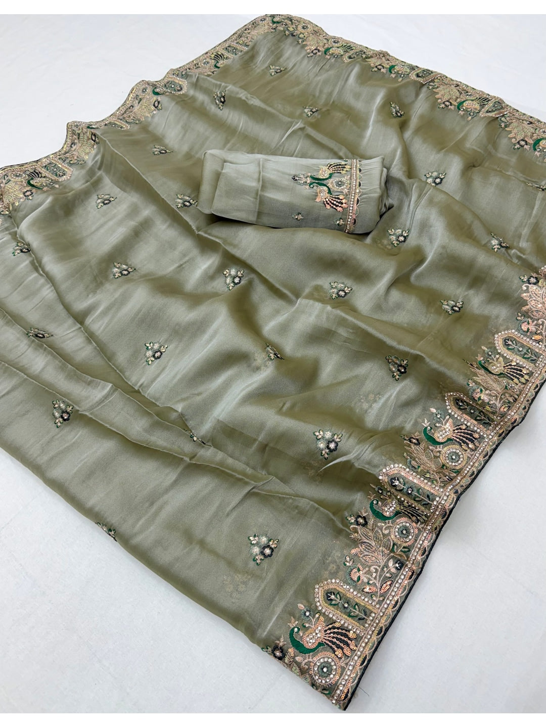Peachmode Grey NC Moss Saree with Heavy Embroidery Work - Image 3