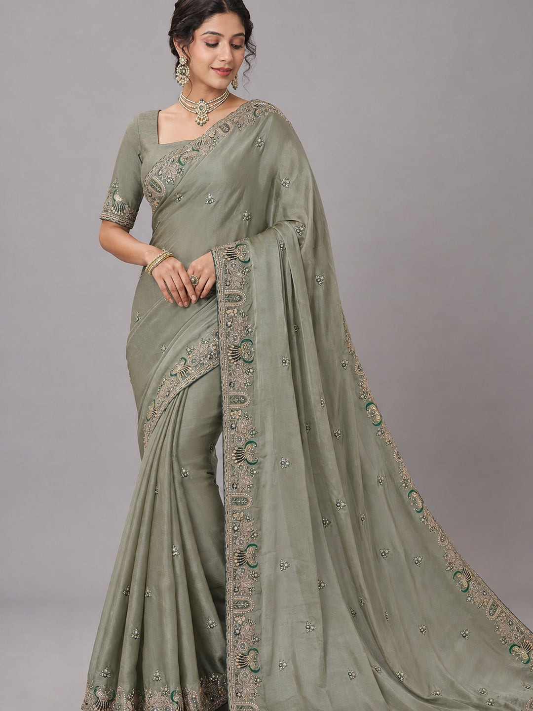 Peachmode Grey NC Moss Saree with Heavy Embroidery Work - Image 1
