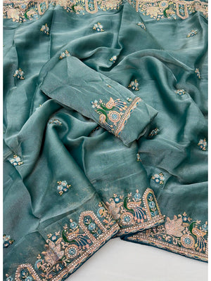 Peachmode Teal NC Moss Saree with Heavy Embroidery Work - Image 2