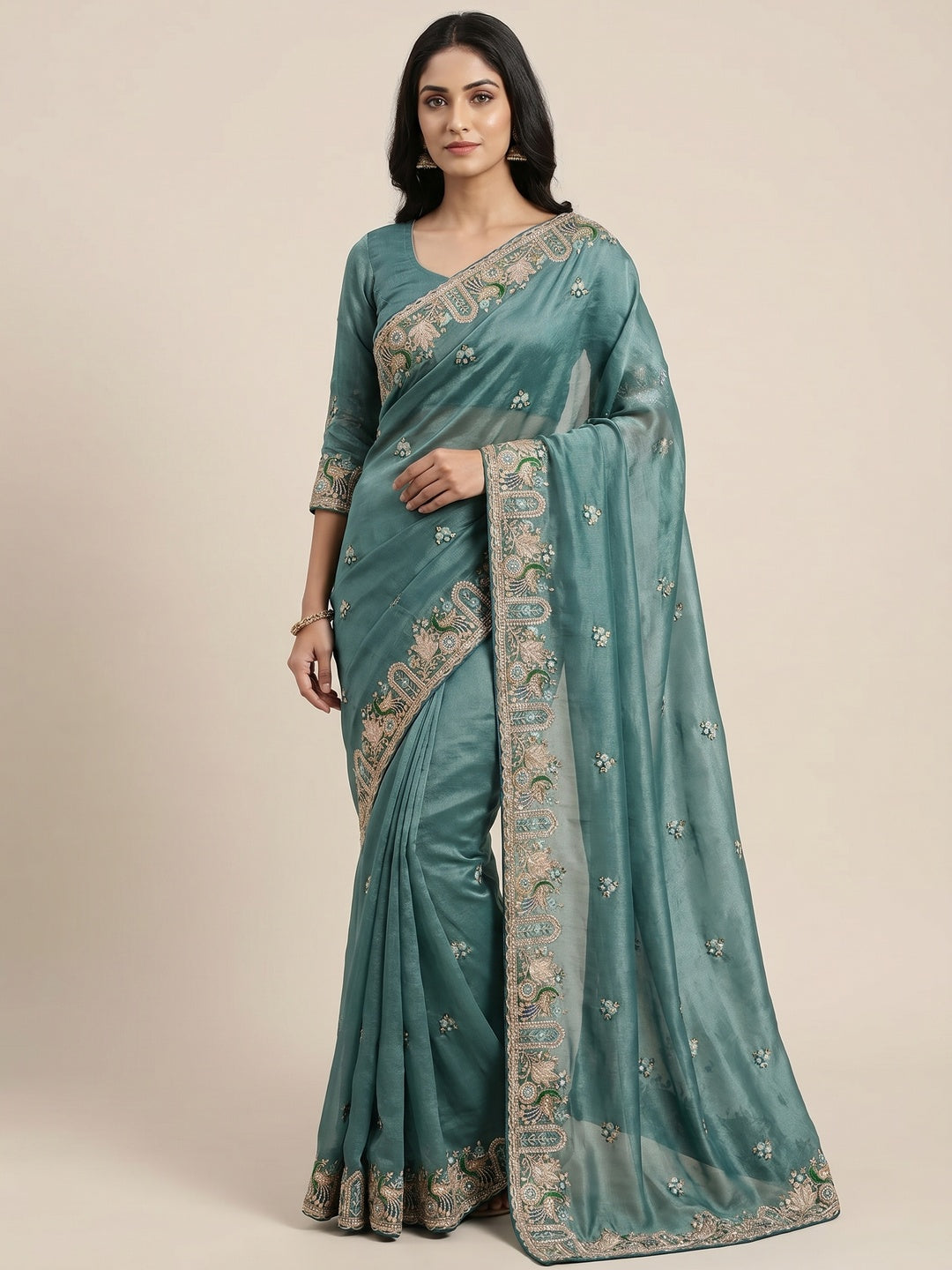 Peachmode Teal NC Moss Saree with Heavy Embroidery Work - Image 1