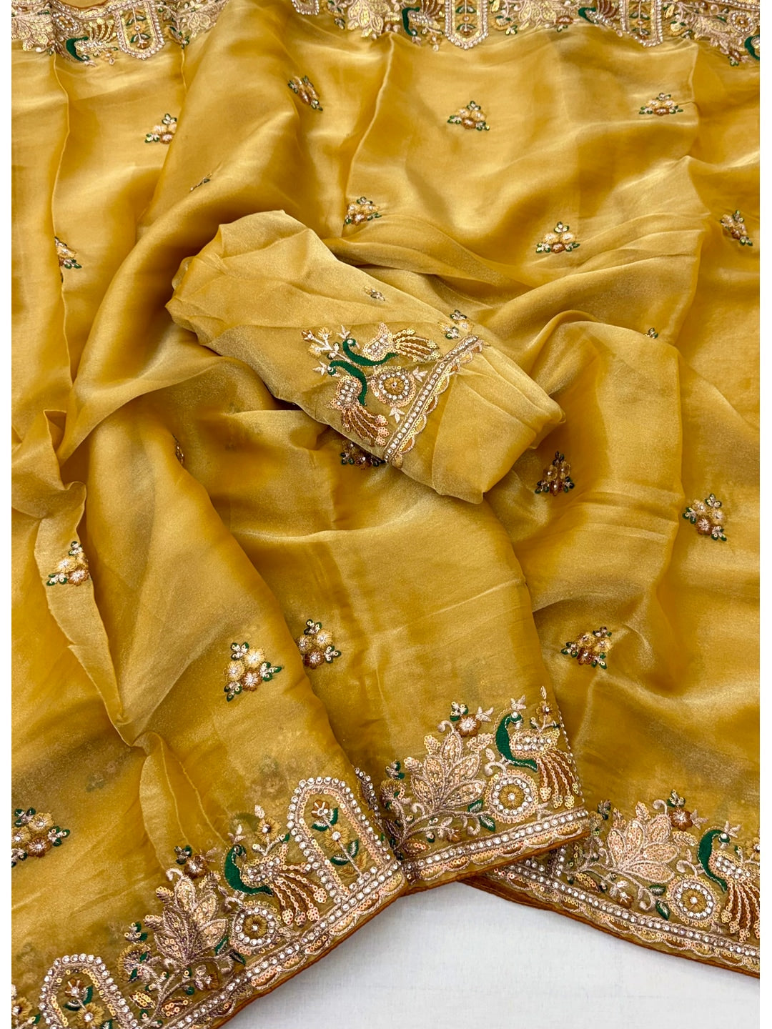 Peachmode Yellow NC Moss Saree with Heavy Embroidery Work - Image 2
