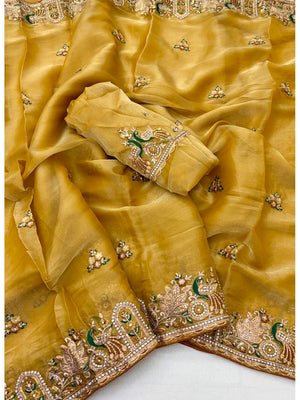 Peachmode Yellow NC Moss Saree with Heavy Embroidery Work - Image 2