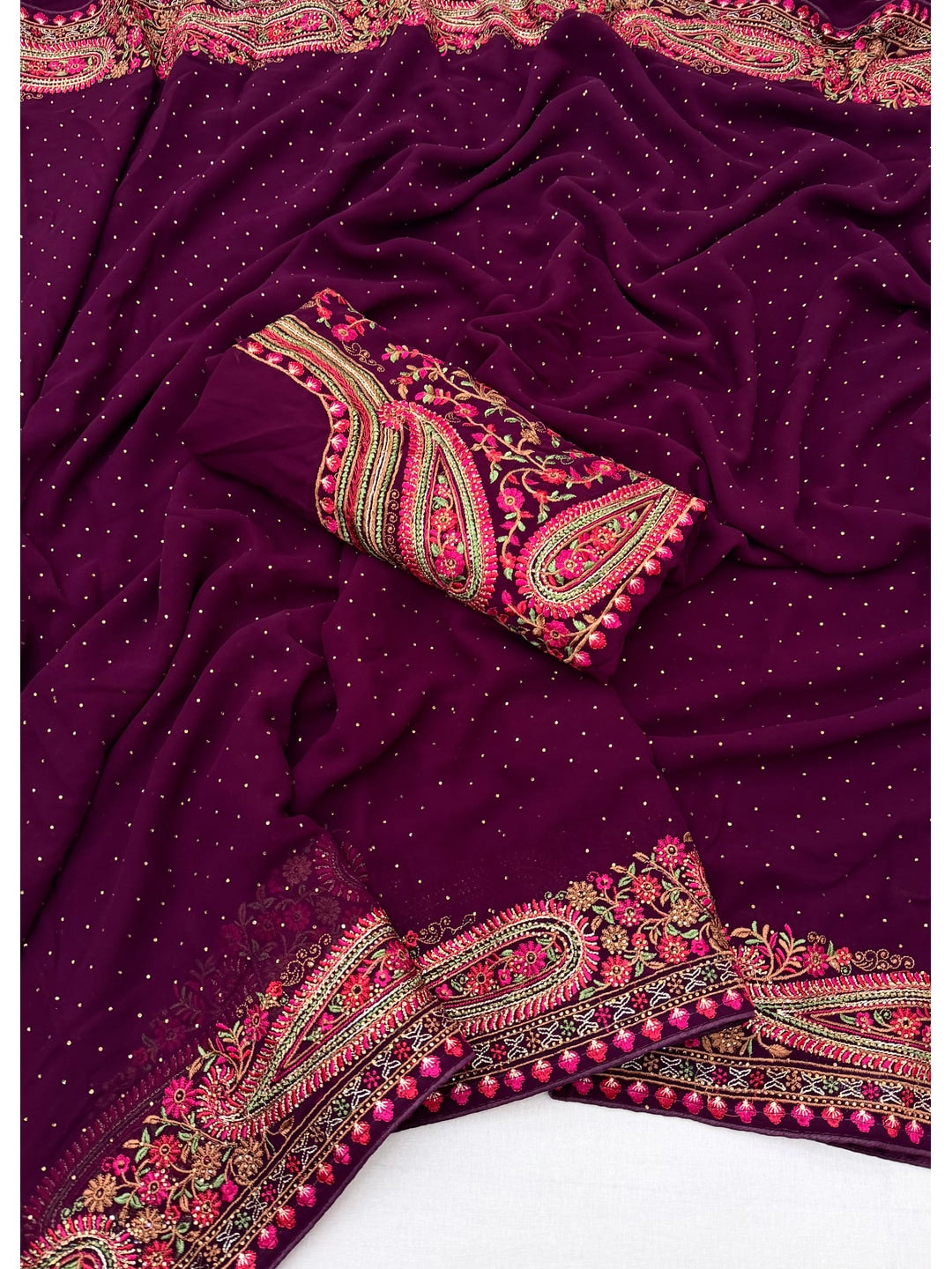 Peachmode Purple Georgette Saree with Kashmiri Embroidery Work - Image 2