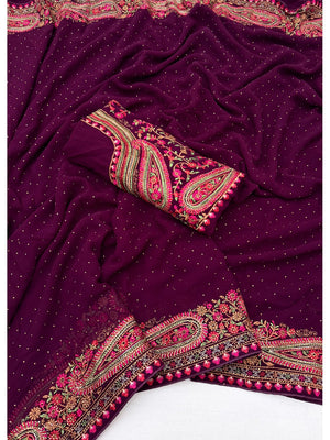 Peachmode Purple Georgette Saree with Kashmiri Embroidery Work - Image 2