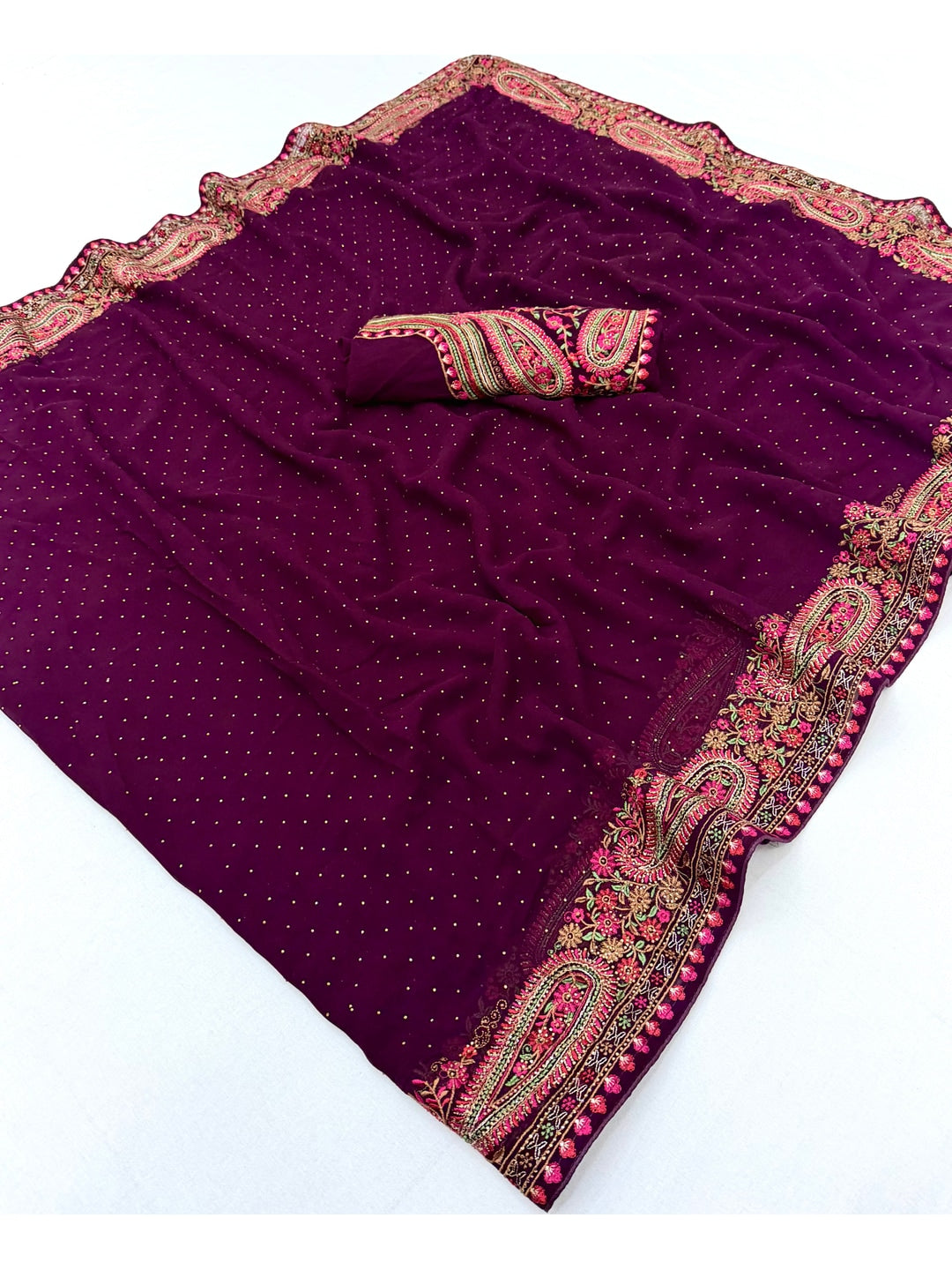 Peachmode Purple Georgette Saree with Kashmiri Embroidery Work - Image 3