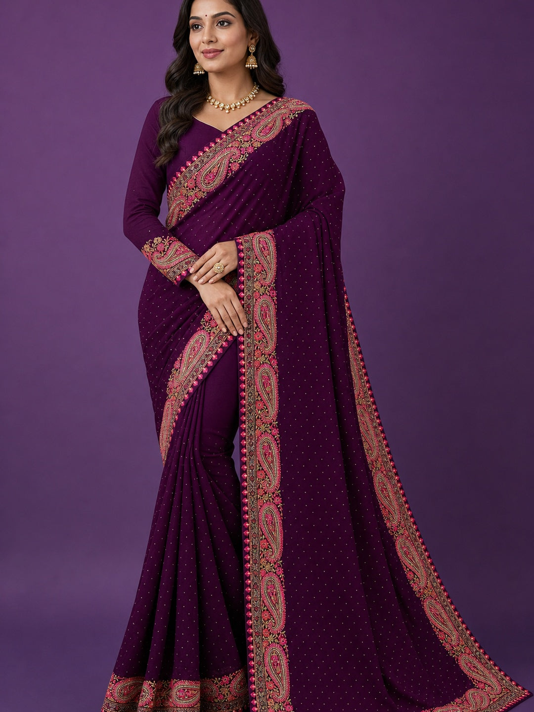 Peachmode Purple Georgette Saree with Kashmiri Embroidery Work - Image 1