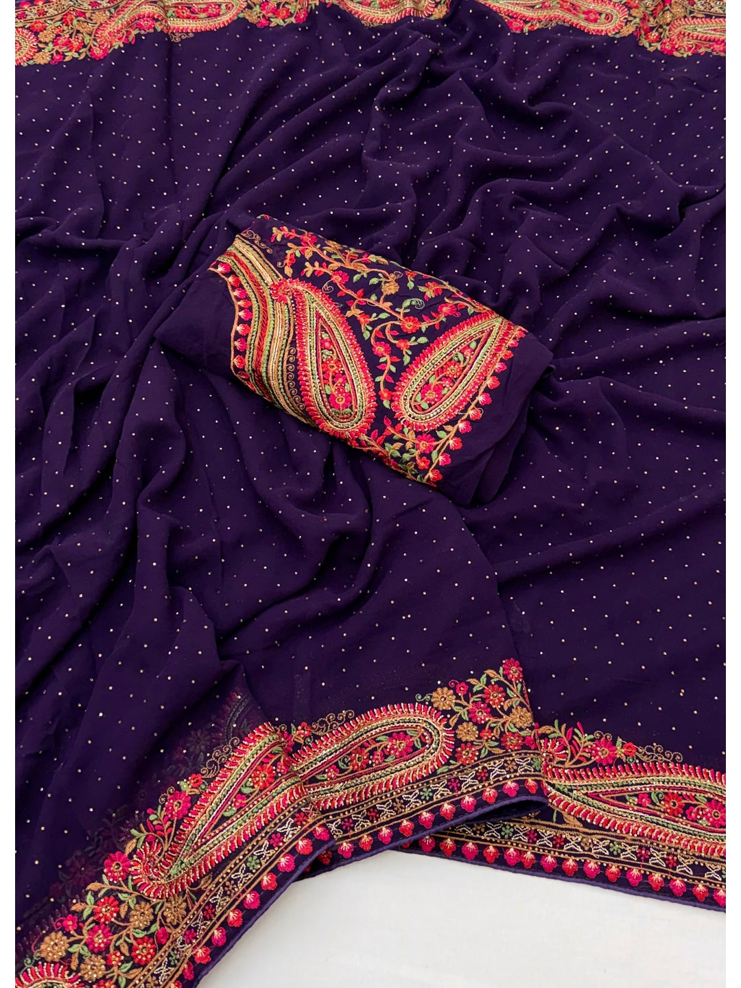Peachmode Purple Georgette Saree with Kashmiri Embroidery Work - Image 2