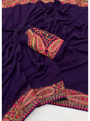Peachmode Purple Georgette Saree with Kashmiri Embroidery Work - Image 2
