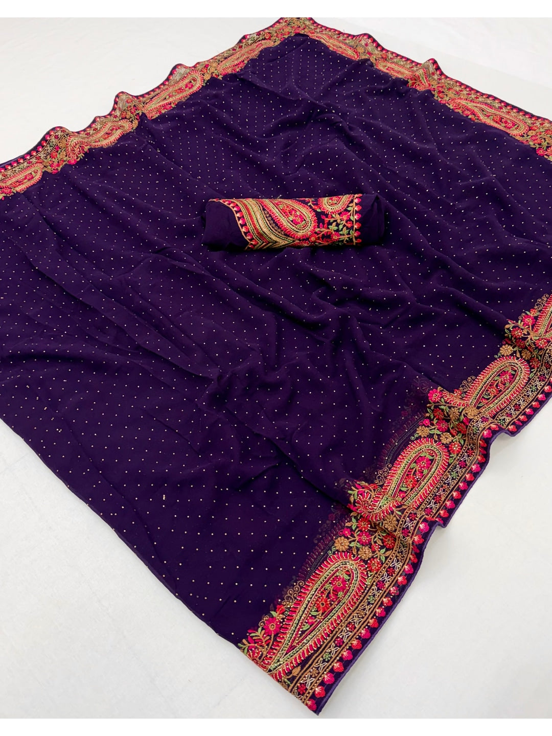 Peachmode Purple Georgette Saree with Kashmiri Embroidery Work - Image 3