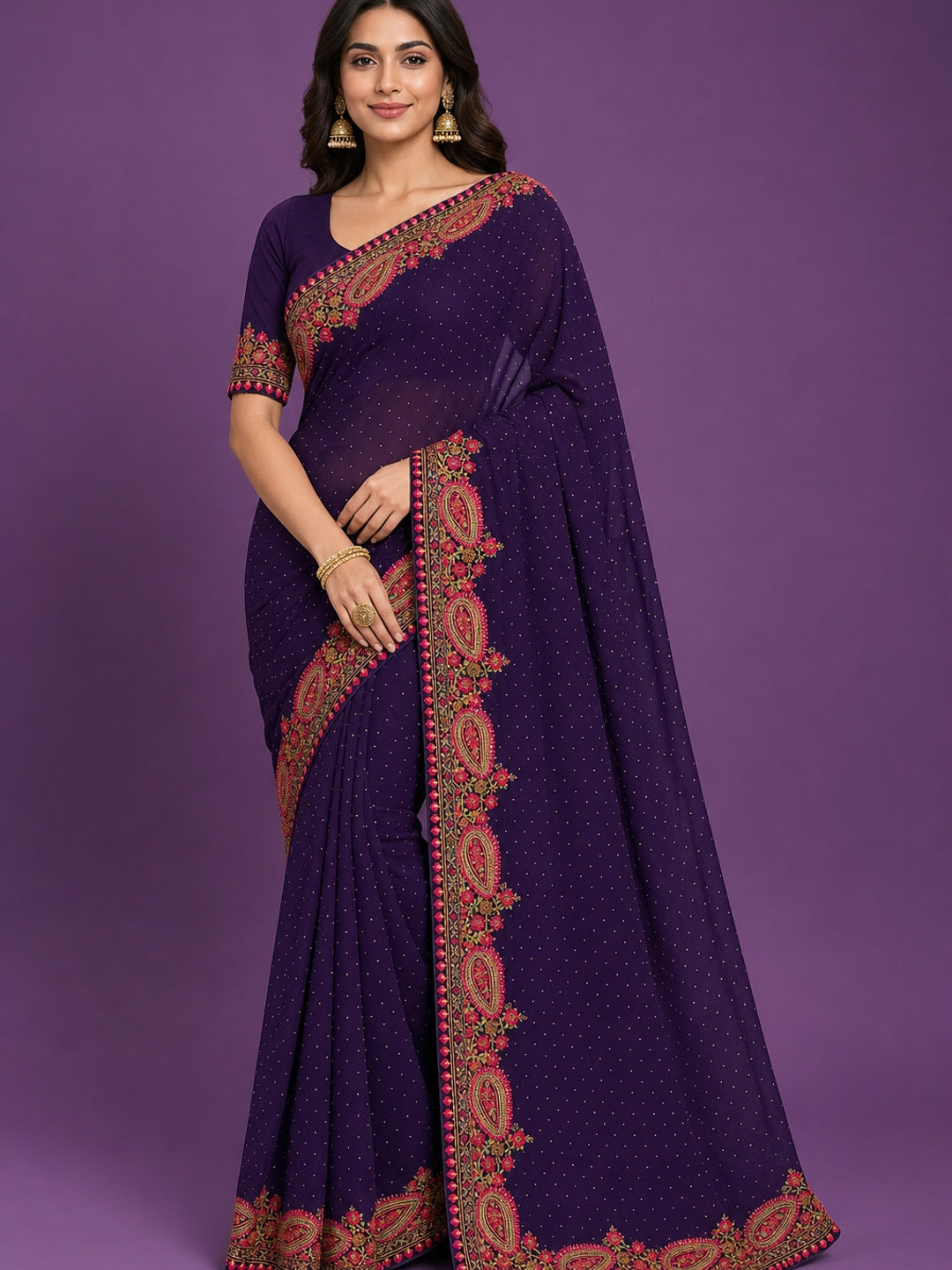Peachmode Purple Georgette Saree with Kashmiri Embroidery Work - Image 1
