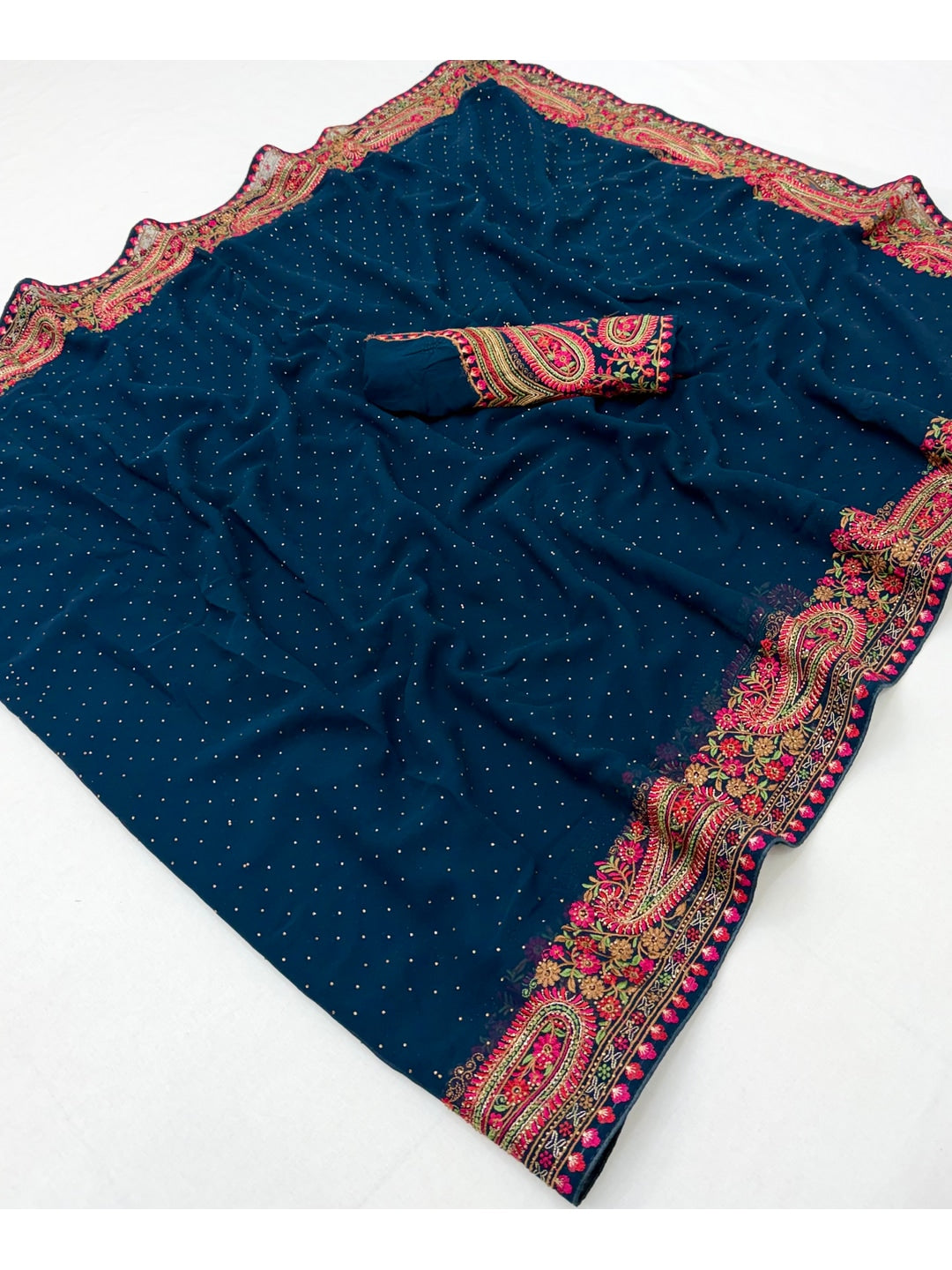 Peachmode Teal Georgette Saree with Kashmiri Embroidery Work - Image 3