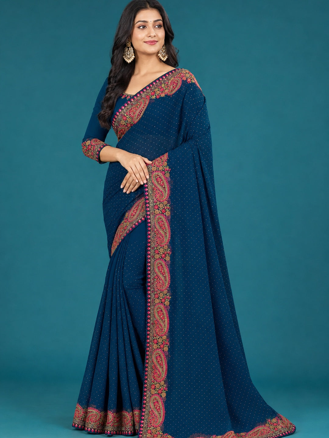 Peachmode Teal Georgette Saree with Kashmiri Embroidery Work - Image 1