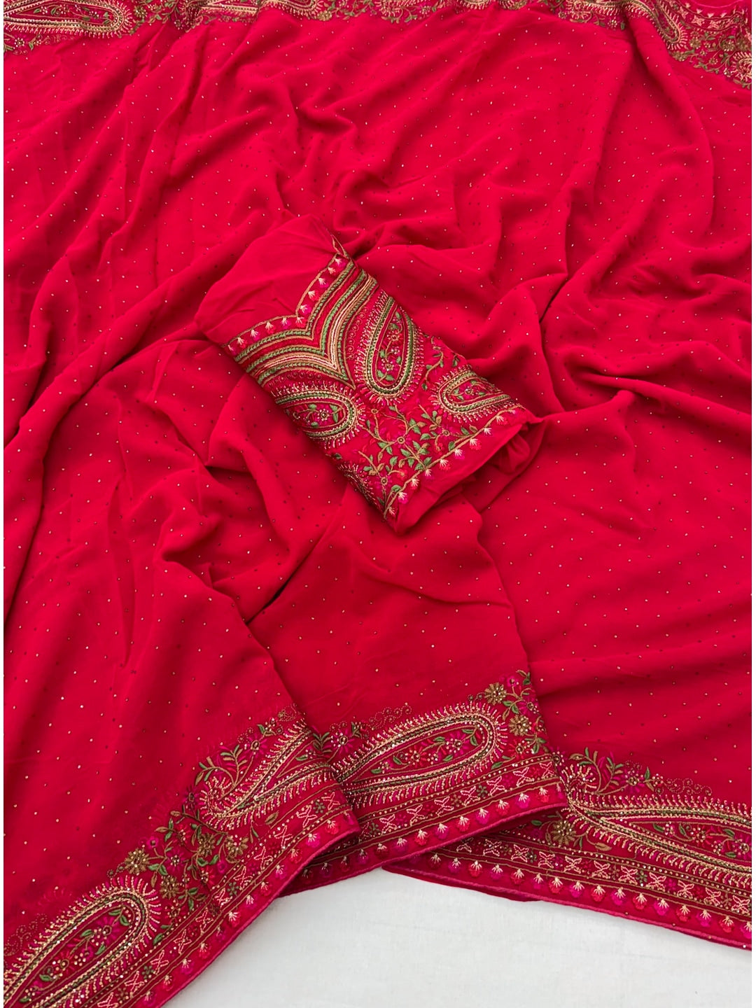 Peachmode Red Georgette Saree with Kashmiri Embroidery Work - Image 2
