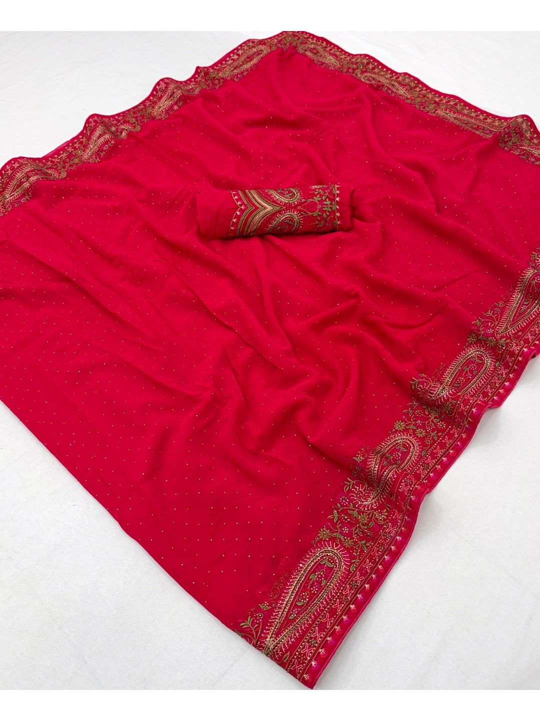Peachmode Red Georgette Saree with Kashmiri Embroidery Work - Image 3