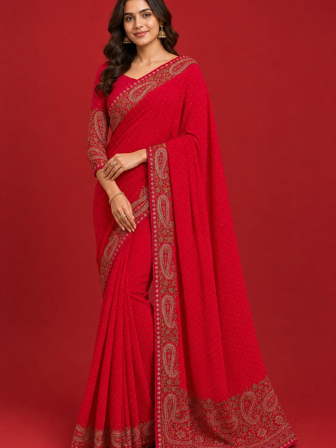 Peachmode Red Georgette Saree with Kashmiri Embroidery Work - Image 1
