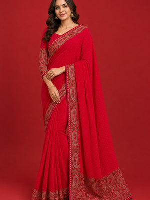 Peachmode Red Georgette Saree with Kashmiri Embroidery Work - Image 1