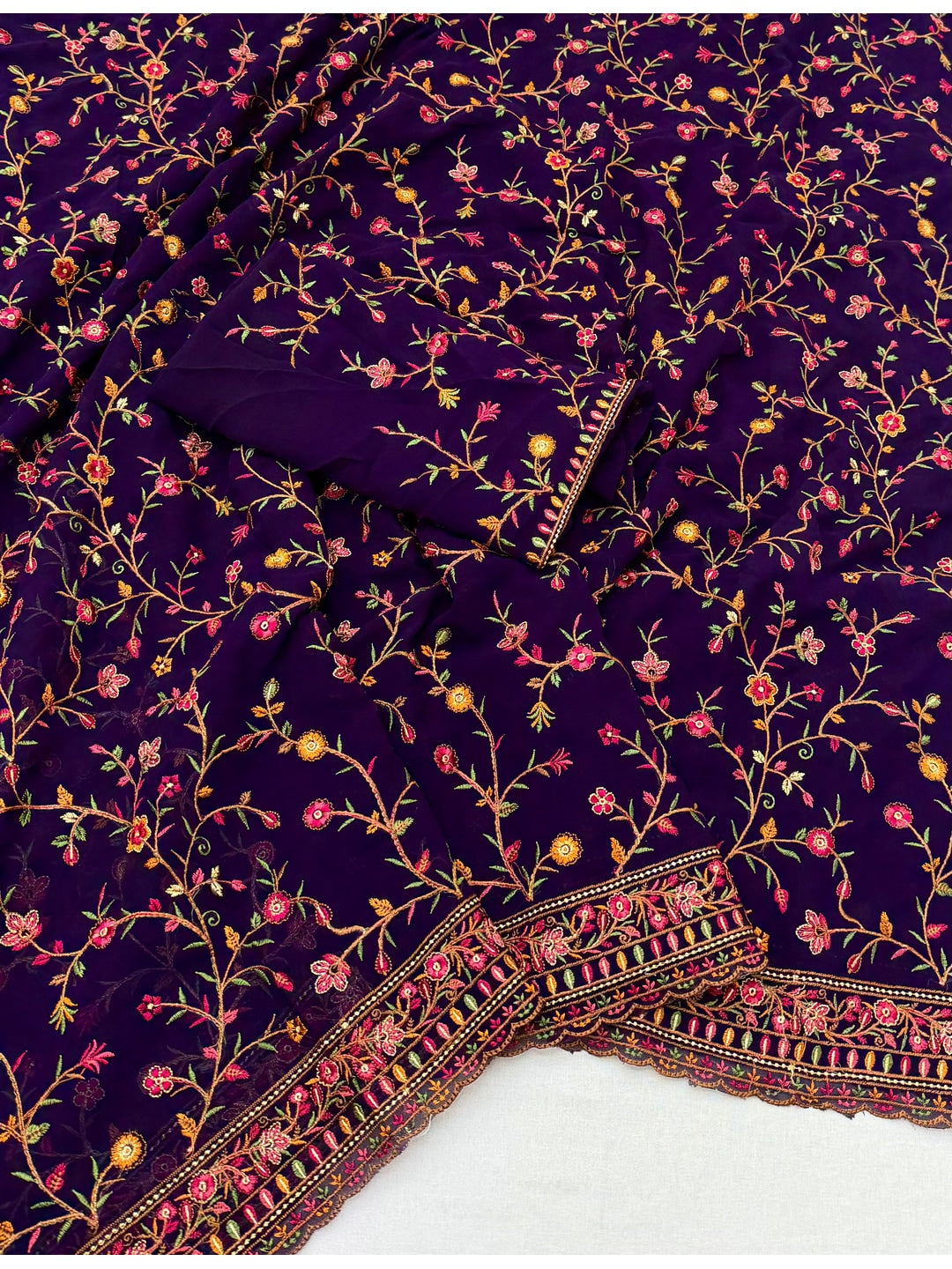 Peachmode Purple Georgette Saree with Kashmiri Embroidery Work - Image 2